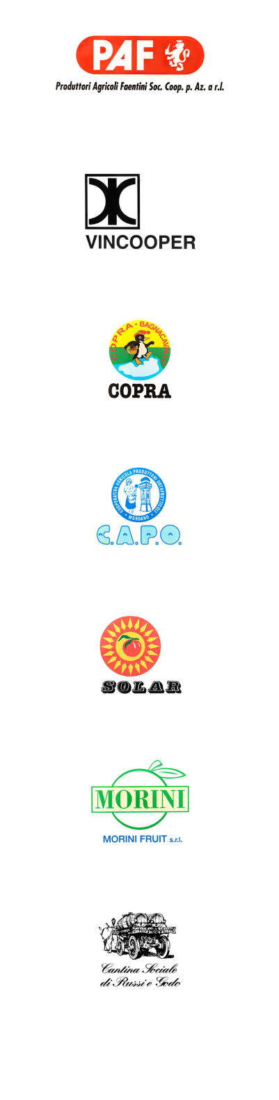 Loghi di PAF, Vincooper, COPRA, CAPO, SOLAR, MORINI e Cantina Sociale di Rossi e Godo